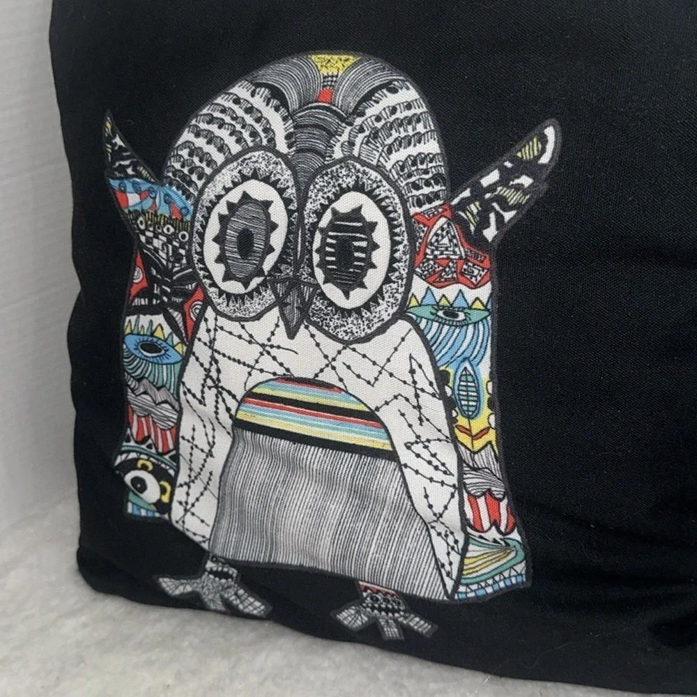 Psychedelic Owl Decorative Throw Pillow Black Canvas Boho Abstract Art Accent